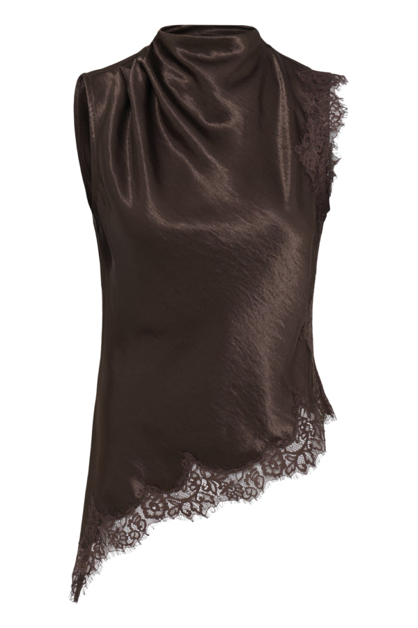 JOYOUS Silky Cowl Neck Top with Lace Detail in Brown