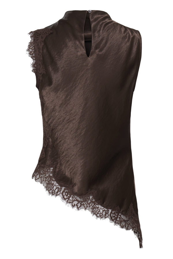 JOYOUS Silky Cowl Neck Top with Lace Detail in Brown
