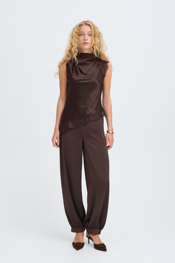 JOYOUS Silky Cowl Neck Top with Lace Detail in Brown