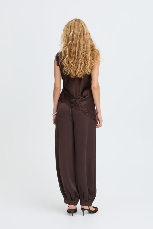 JOYOUS Silky Cowl Neck Top with Lace Detail in Brown
