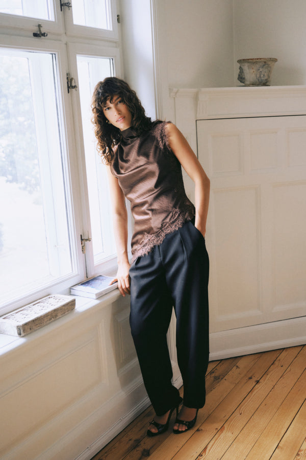 JOYOUS Silky Cowl Neck Top with Lace Detail in Brown
