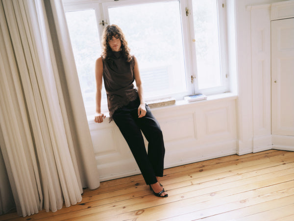 JOYOUS Silky Cowl Neck Top with Lace Detail in Brown