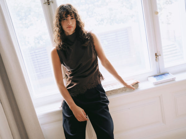 JOYOUS Silky Cowl Neck Top with Lace Detail in Brown