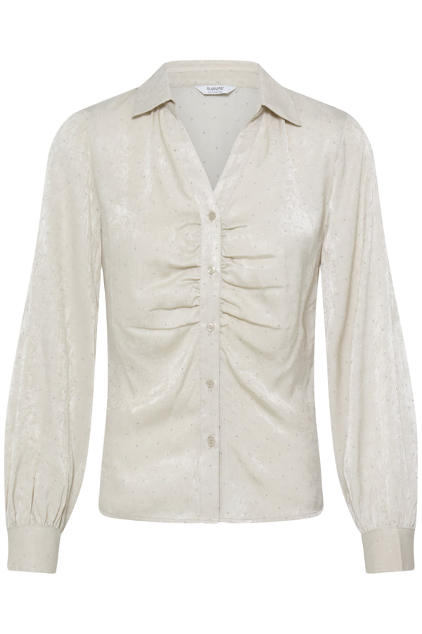 HALLE Satin Shirt with Subtle Polka Dot Detail in Oatmeal