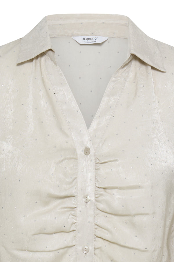 HALLE Satin Shirt with Subtle Polka Dot Detail in Oatmeal