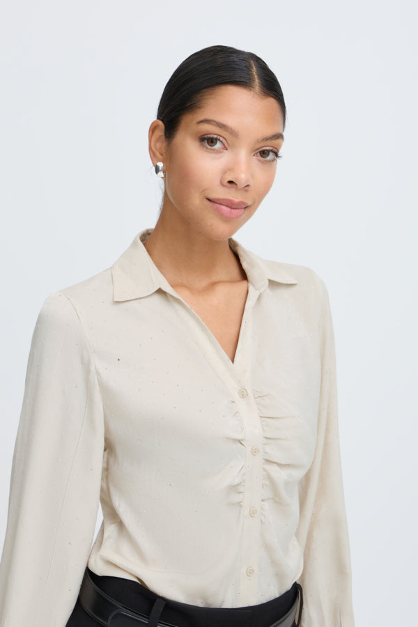 HALLE Satin Shirt with Subtle Polka Dot Detail in Oatmeal