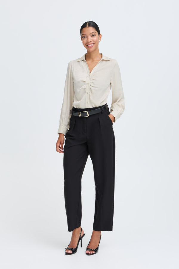 HALLE Satin Shirt with Subtle Polka Dot Detail in Oatmeal