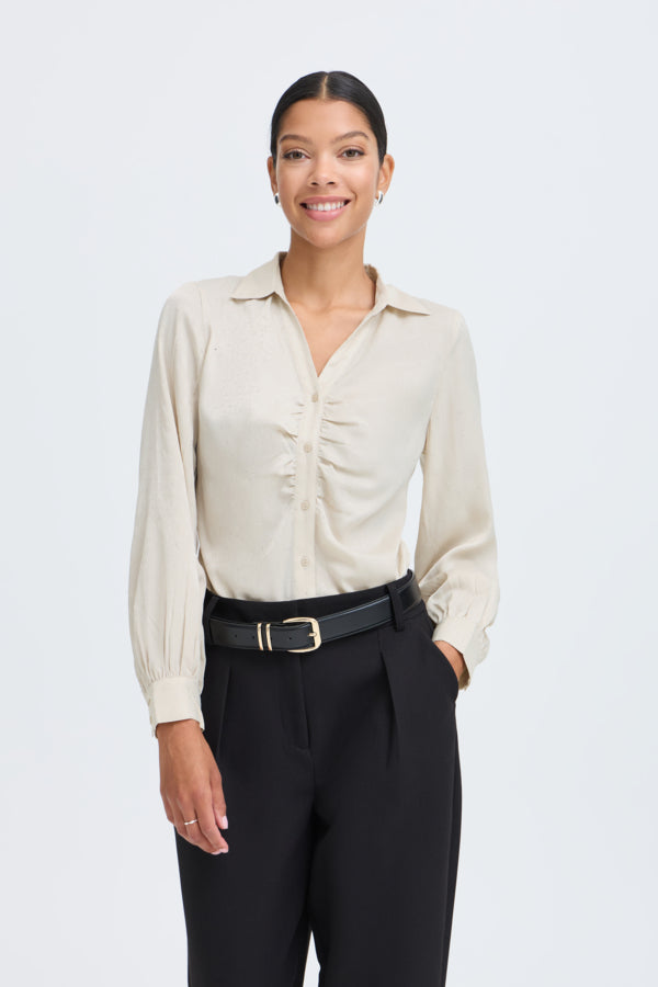 HALLE Satin Shirt with Subtle Polka Dot Detail in Oatmeal