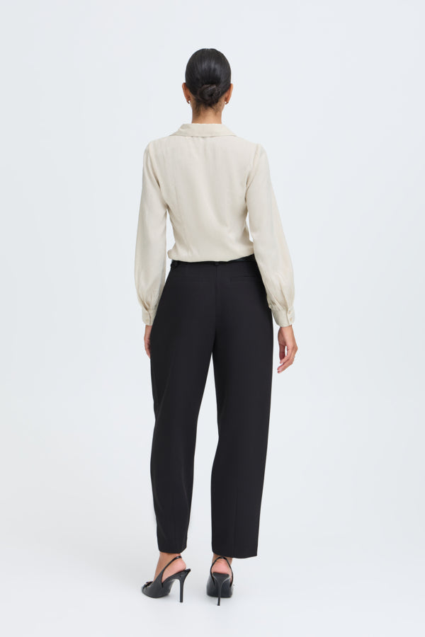 HALLE Satin Shirt with Subtle Polka Dot Detail in Oatmeal