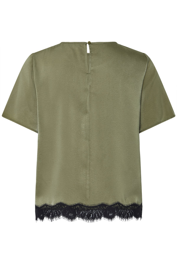 FELICI Silky Lace Trim Blouse in Aloe Green