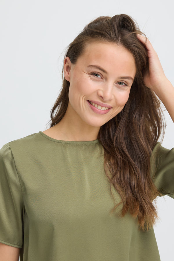 FELICI Silky Lace Trim Blouse in Aloe Green