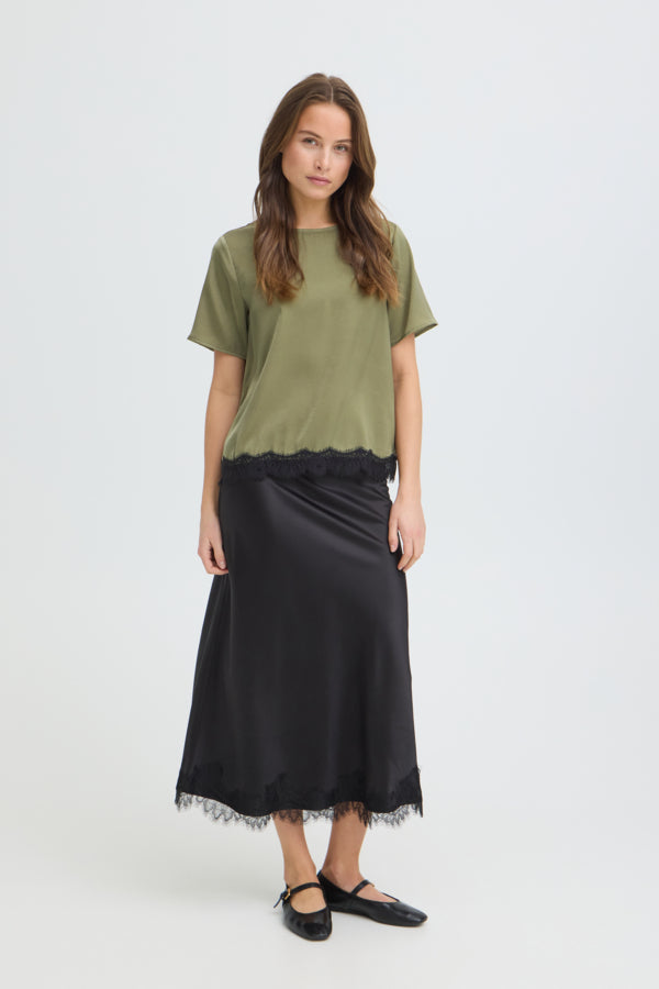 FELICI Silky Lace Trim Blouse in Aloe Green