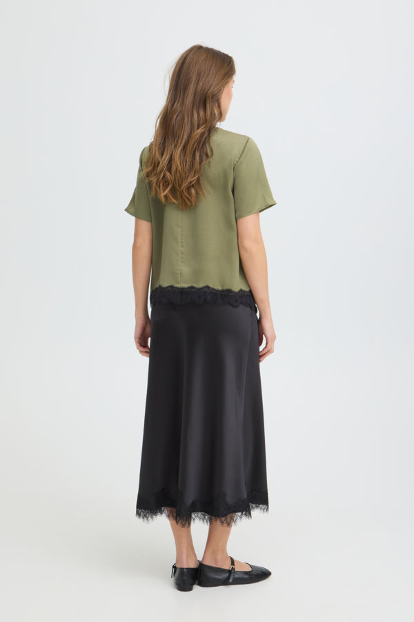 FELICI Silky Lace Trim Blouse in Aloe Green