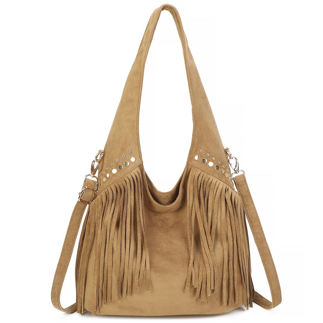 LAINA Large Faux Suede Soft Fringe Studded Hobo Shoulder Bag