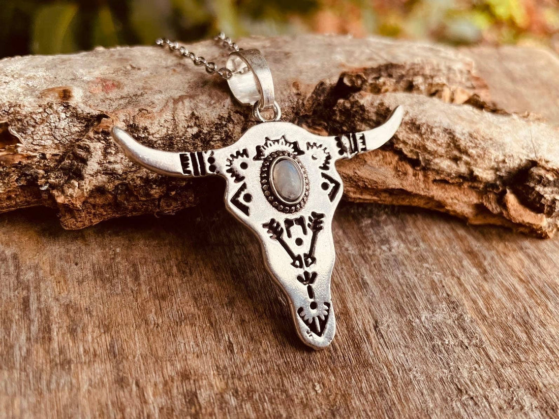 RANCH Silver Cow Head Necklace with Moonstone on Stainless Steel Chain