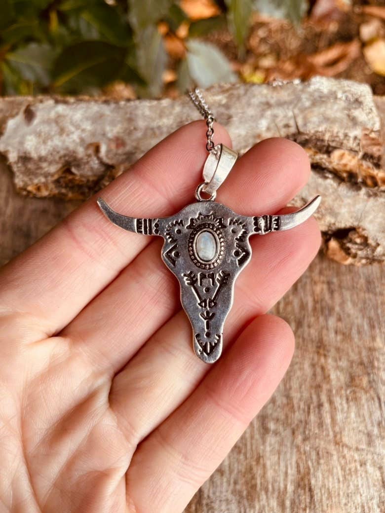 RANCH Silver Cow Head Necklace with Moonstone on Stainless Steel Chain