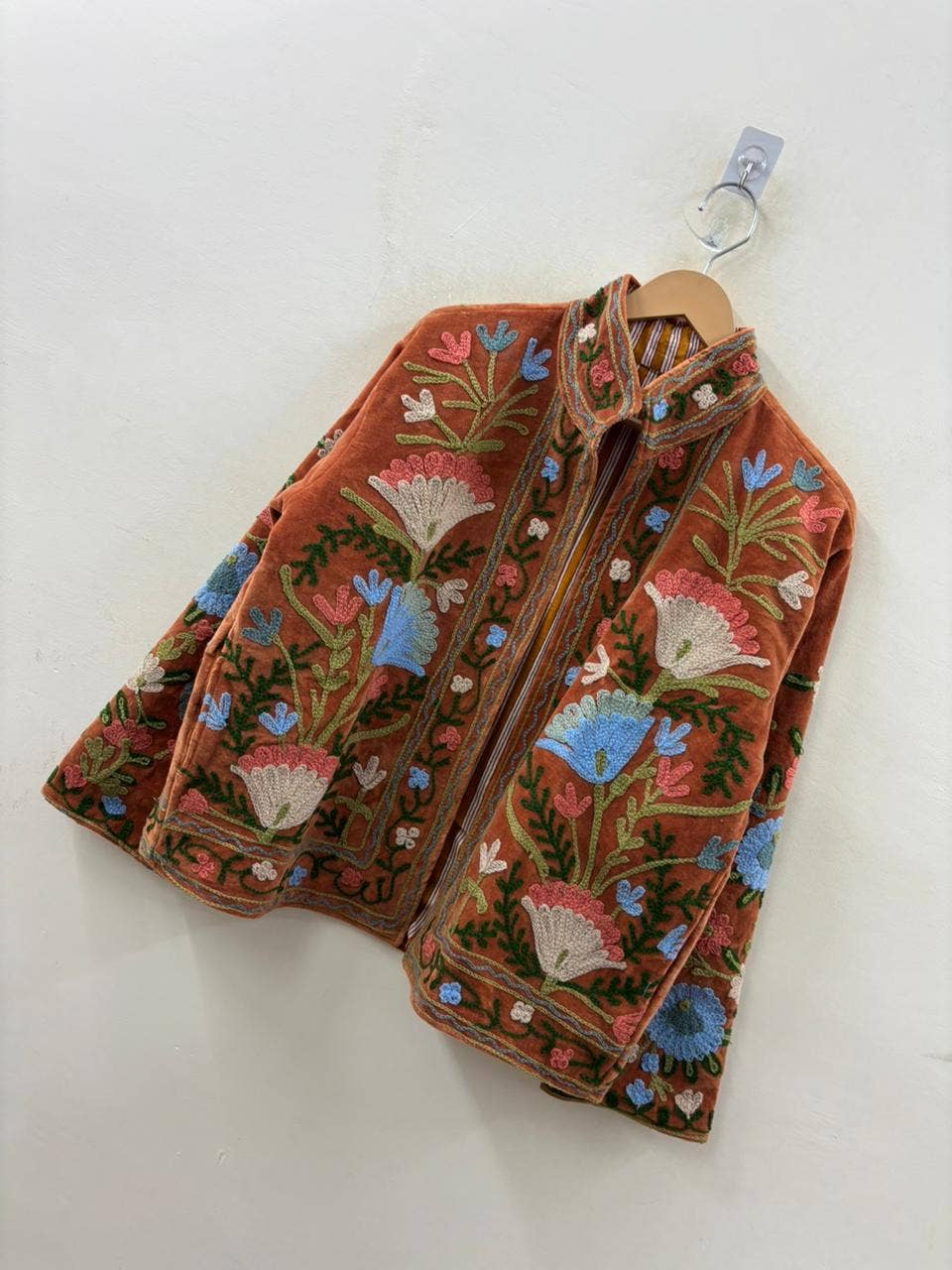 The Saffron Jacket — Hand-Embroidered Velvet Jacket in Burnt Terracotta