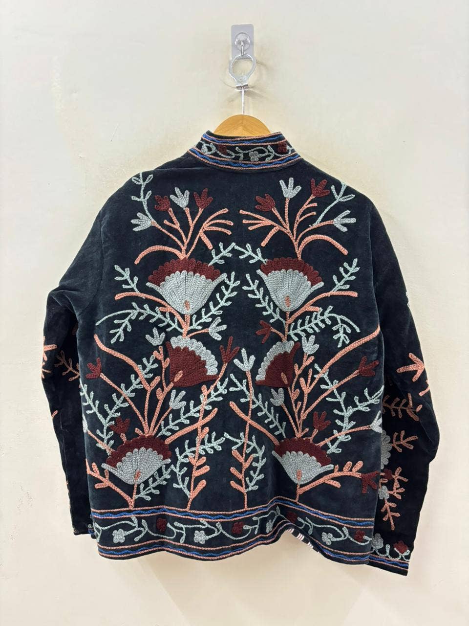 The Midnight Garden — Susani Hand-Embroidered Boho Velvet Jacket - Black with Dusty Rose, Slate & Burgundy