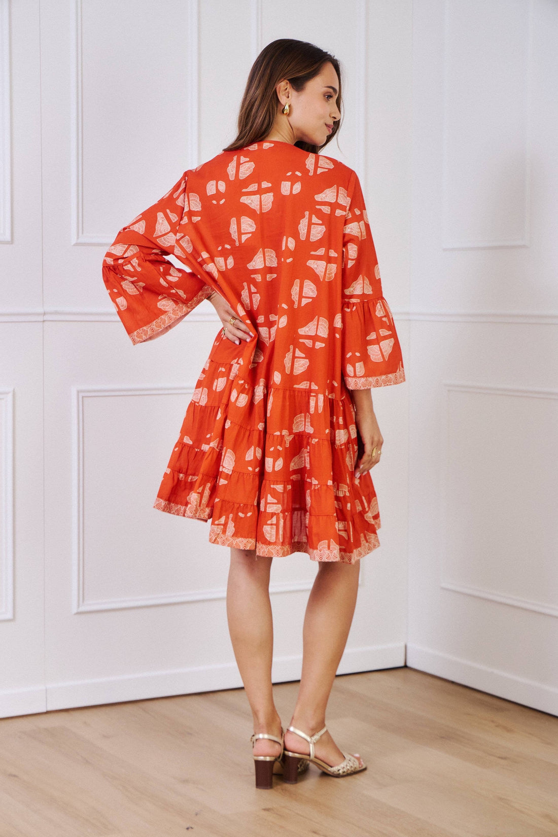 SHELLIE A-line short cotton dress in Orange Winged print