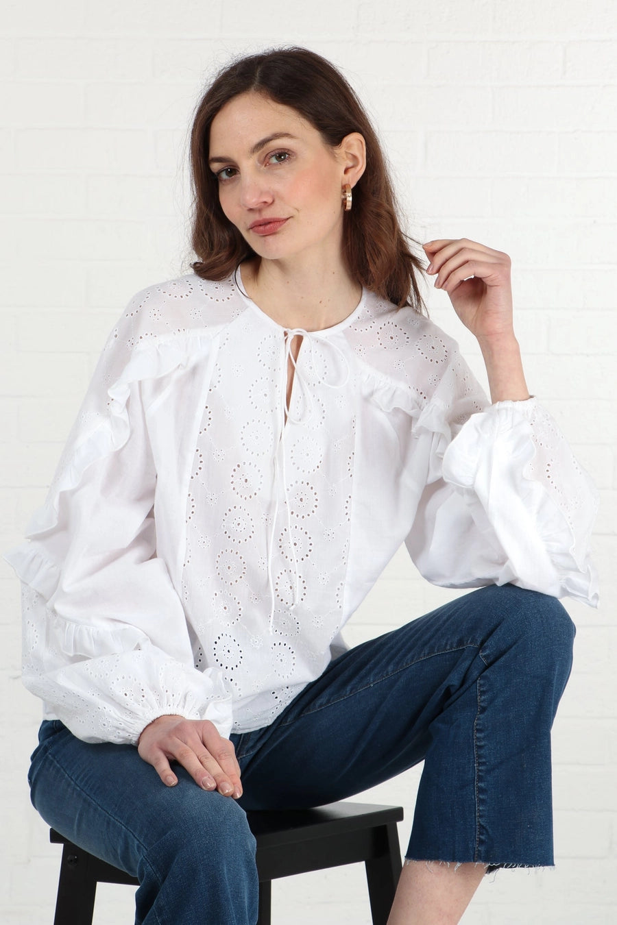 Kika Cotton Broderie Anglaise Blouse with Frill Sleeve in White