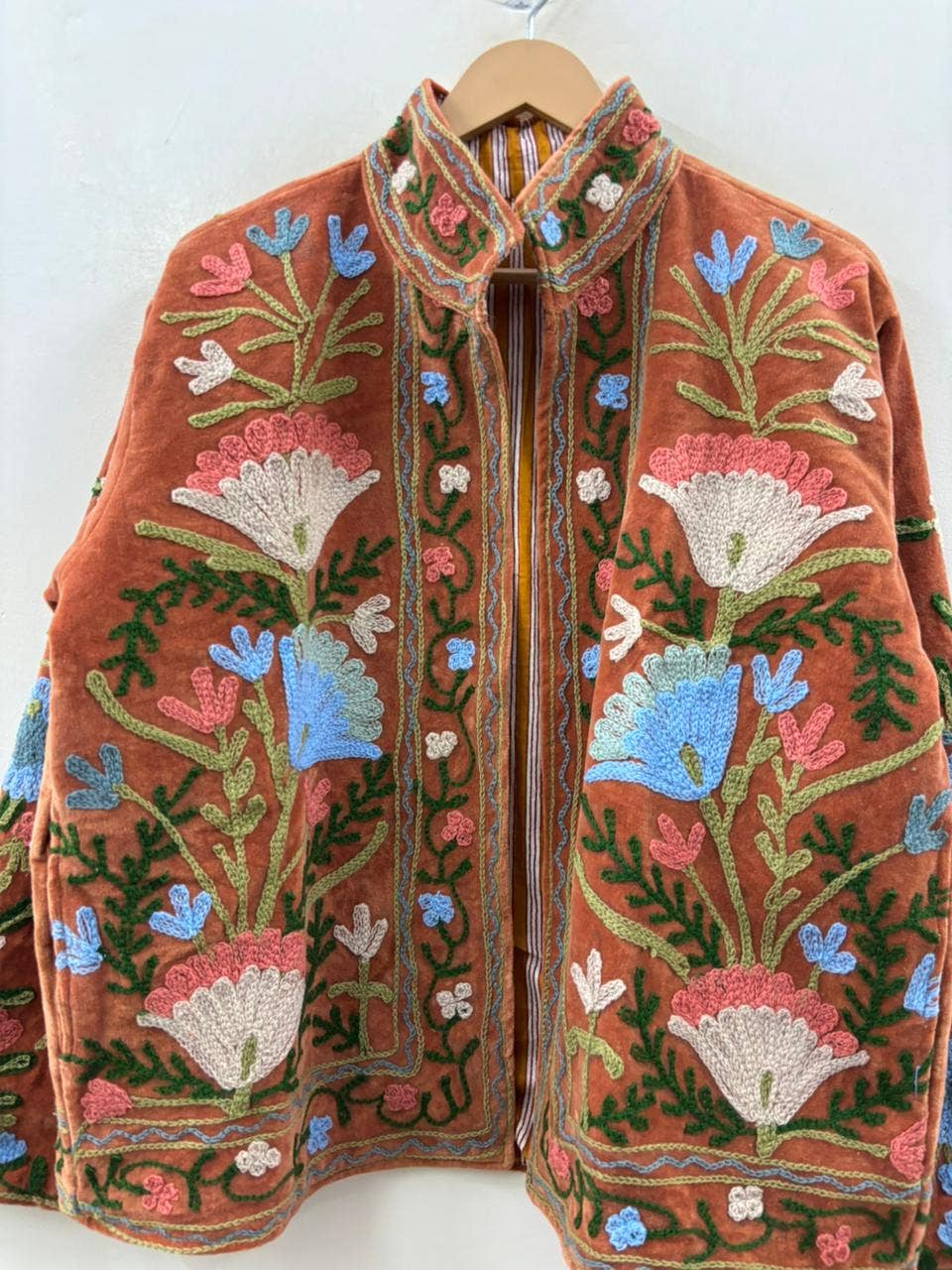 The Saffron Jacket — Hand-Embroidered Velvet Jacket in Burnt Terracotta