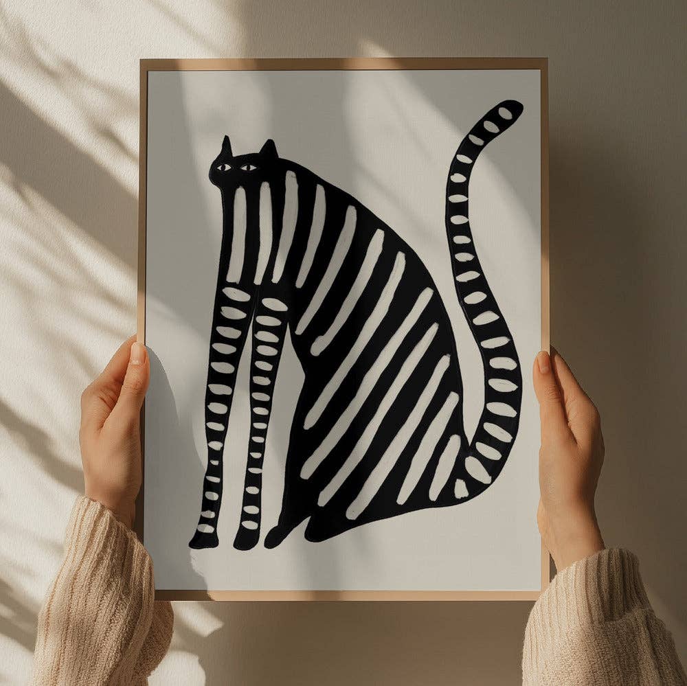 Striped Black Cat Art Print - Naive Decor