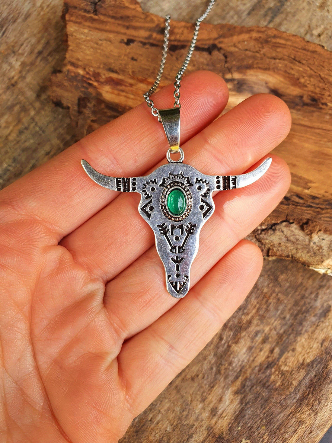 RANCH Silver Pendant Cow Necklace with Green Onyx Stone, Stainless Steel Chain