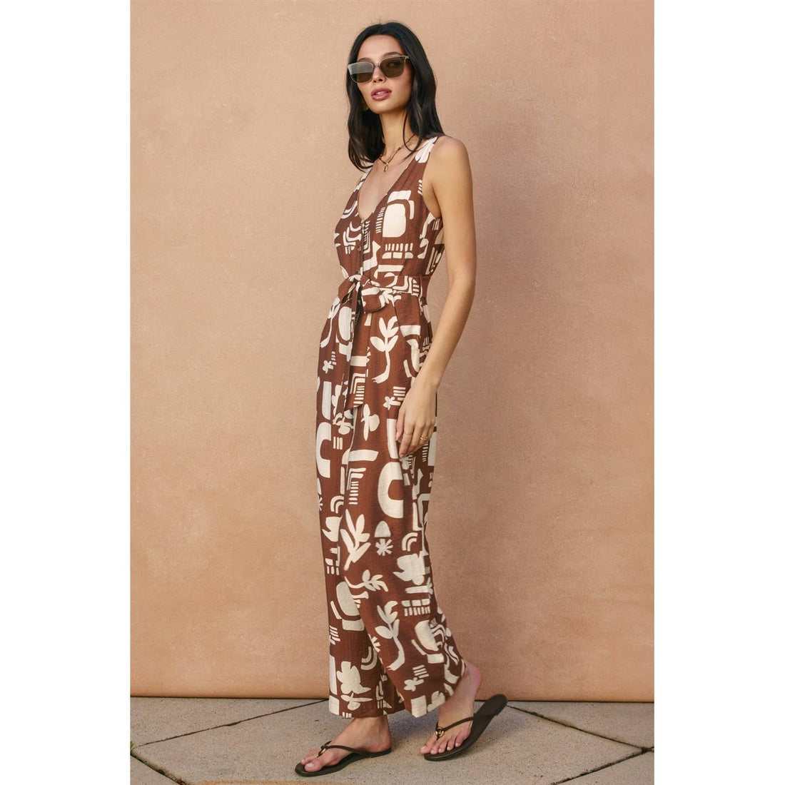 Sun & Clay Button Down Sash Belt Jumpsuit