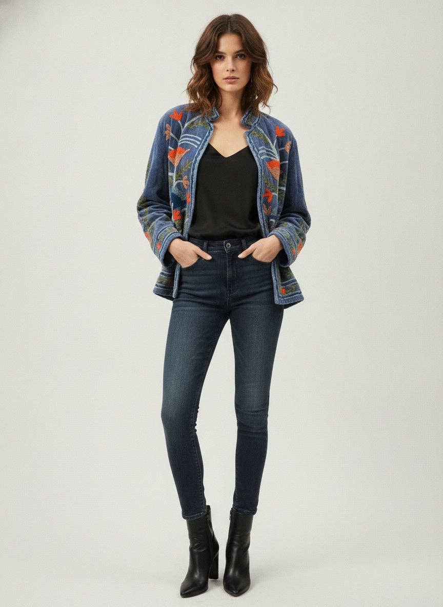The Notts Jacket in Susani print Embroidered Velvet Jacket - Indigo Blue