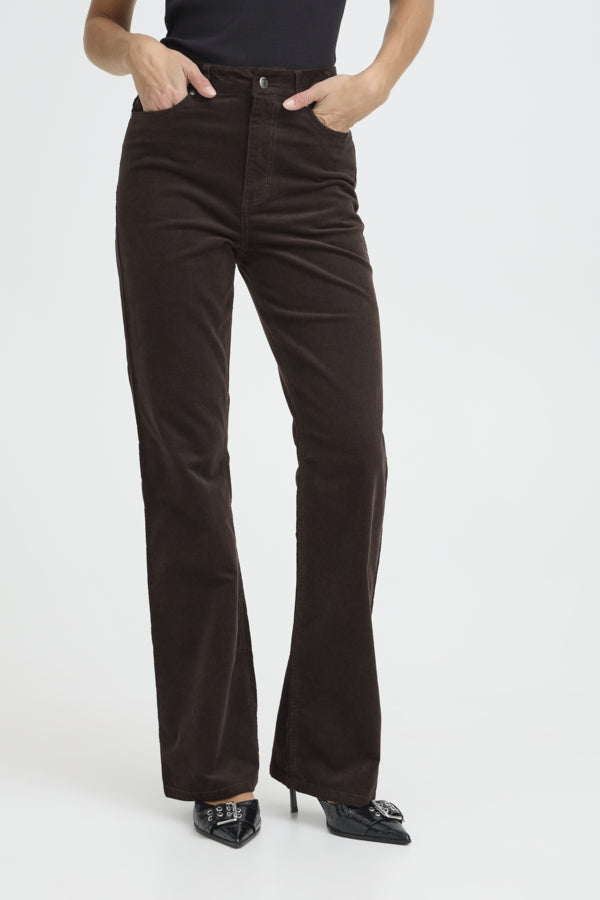 SALLY High Waisted Bootcut Flare Velvet Jeans in Chocolate Brown