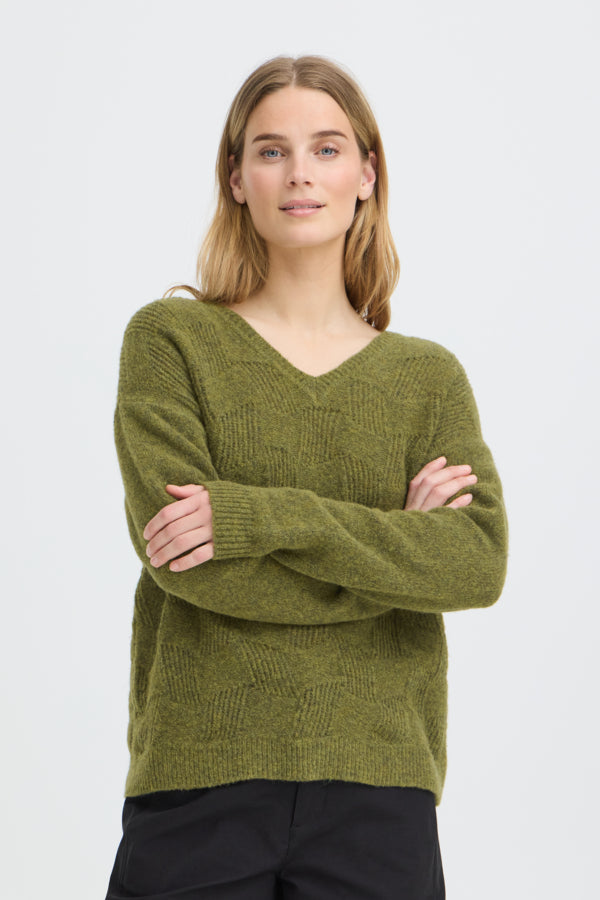DAGMAR Olive Green V Neck Knit Jumper