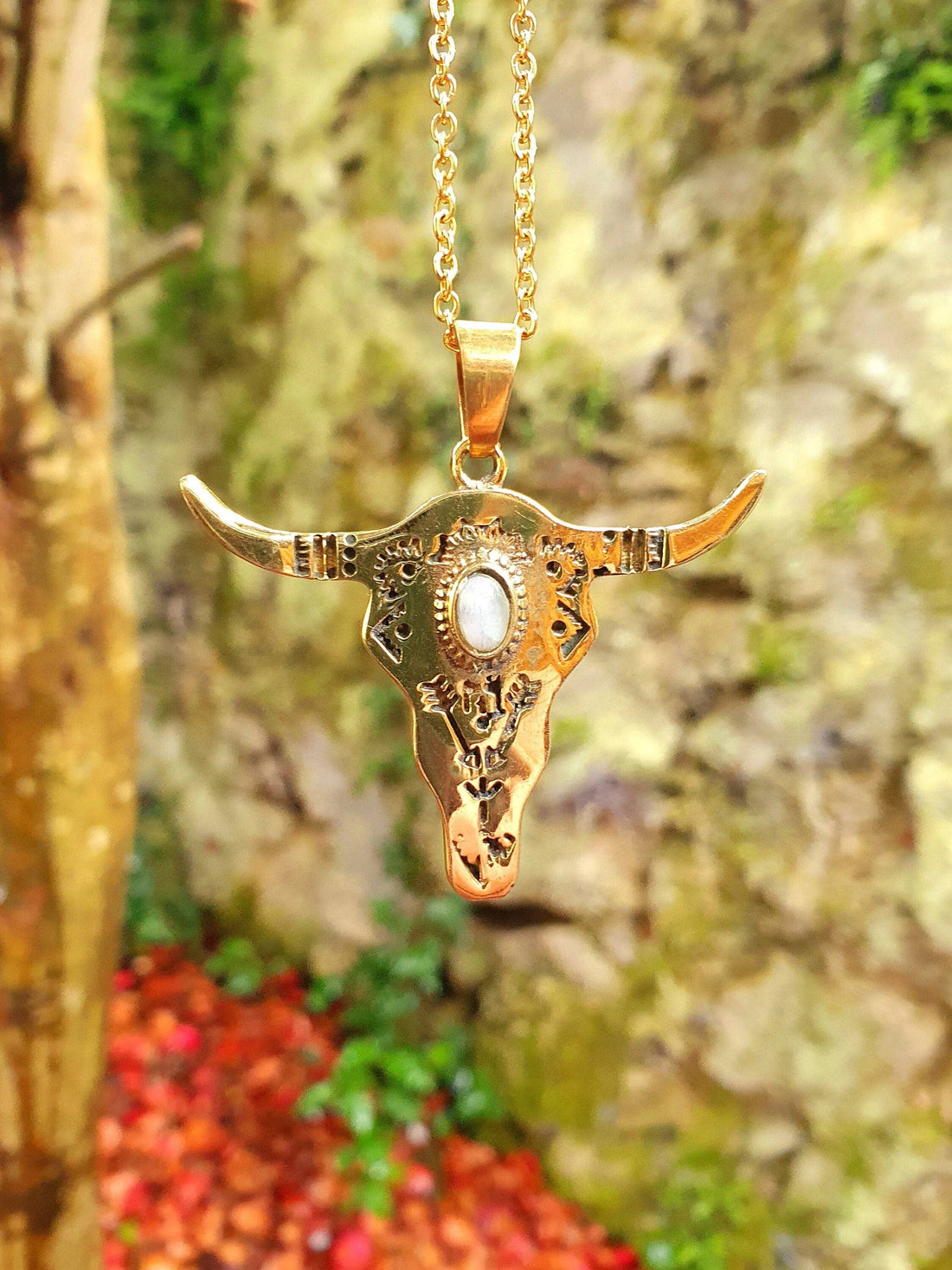RANCH Moonstone Golden Cow Necklace, Stainless Steel Chain