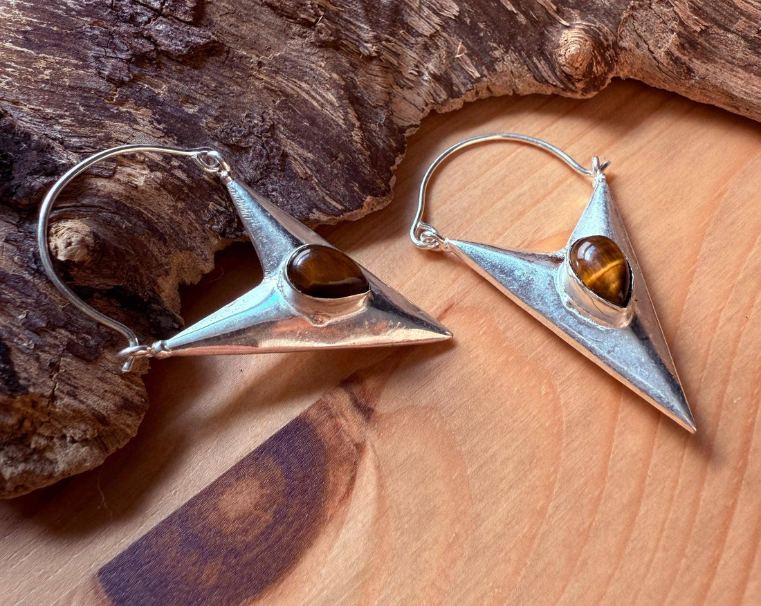 LEO Tiger's Eye Silver Triangle Earrings