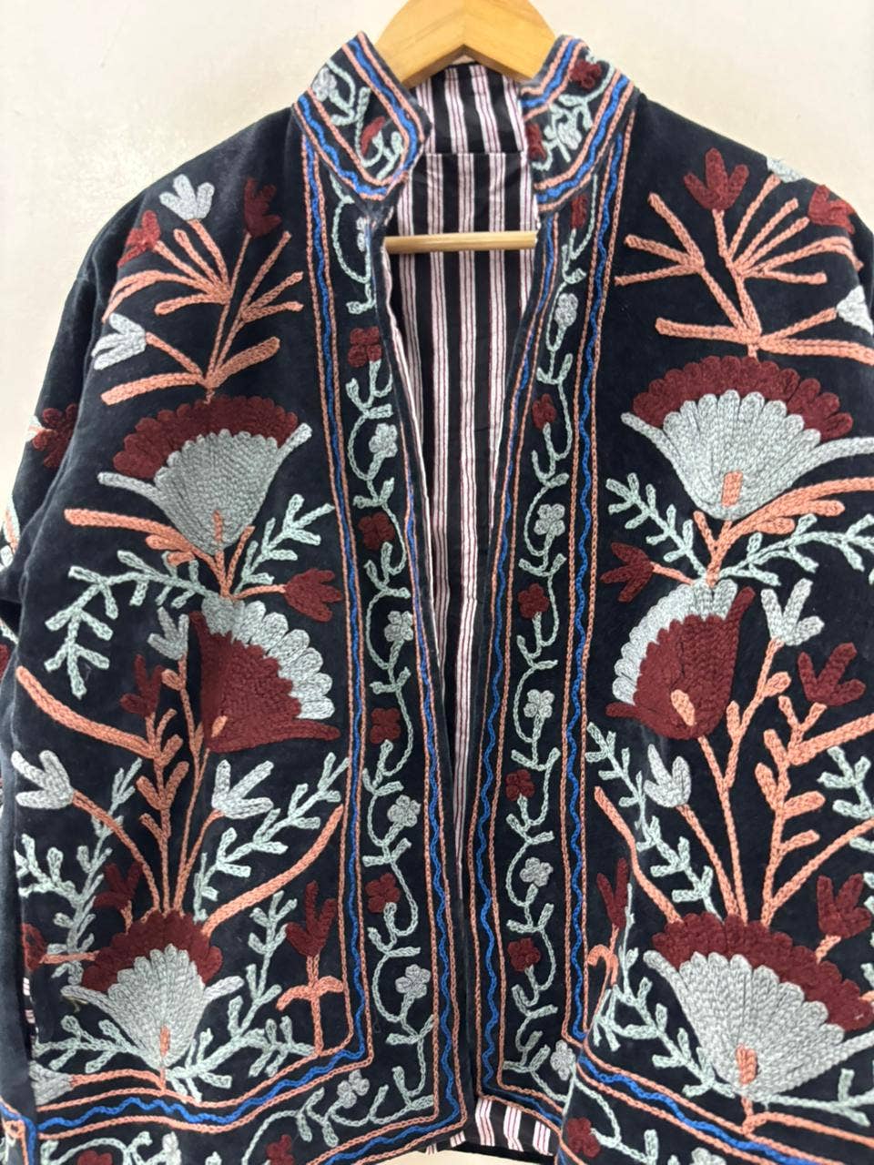 The Midnight Garden — Susani Hand-Embroidered Boho Velvet Jacket - Black with Dusty Rose, Slate & Burgundy