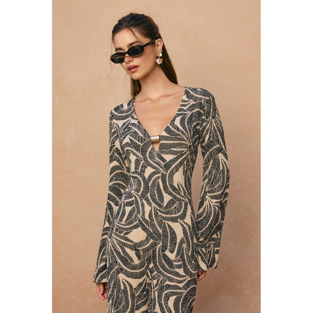 TIA Saltwater Blush Gold Bead Bell Sleeve Maxi Dress