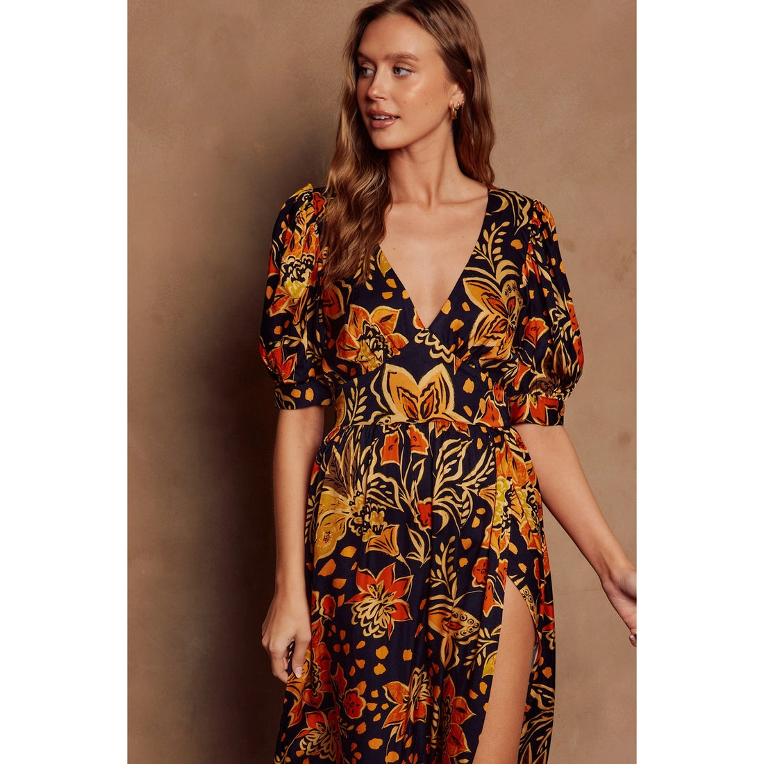 Heavenly Surplice Slit Maxi Dress in Floral Sunset Print