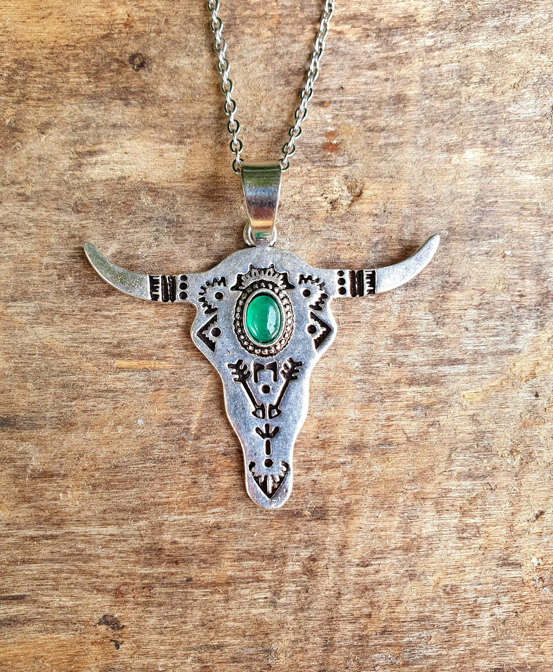 RANCH Silver Pendant Cow Necklace with Green Onyx Stone, Stainless Steel Chain