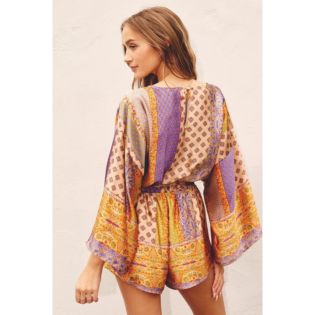 Daring Silk Feel Kimono Playsuit in Indian Patchwork Print