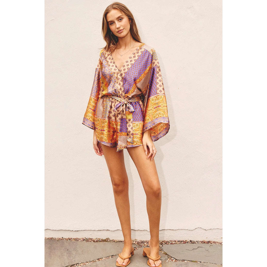 Daring Silk Feel Kimono Playsuit in Indian Patchwork Print