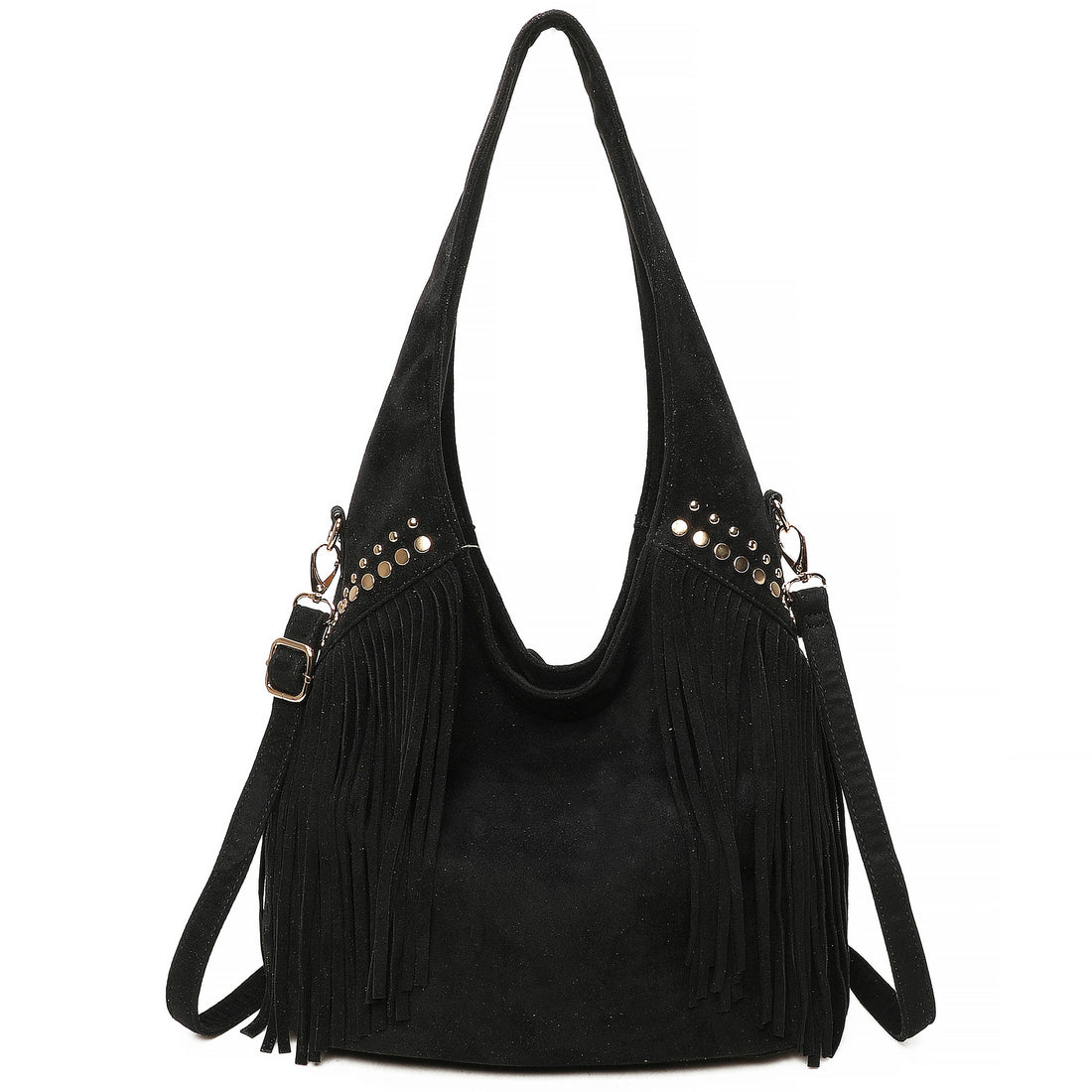 LAINA Large Faux Suede Soft Fringe Studded Hobo Shoulder Bag