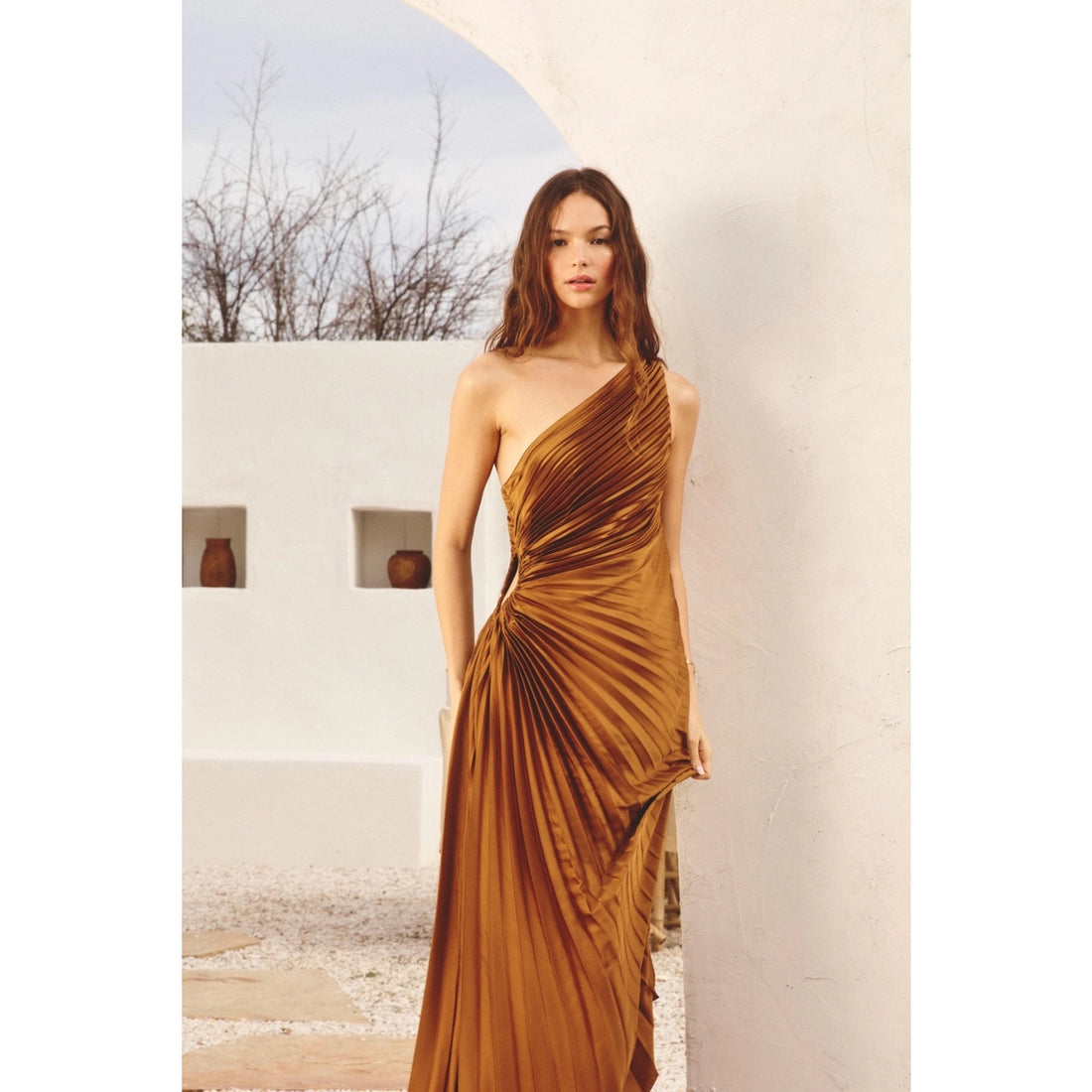 Olympia Asymmetric Pleated Dress in Golden Ochre