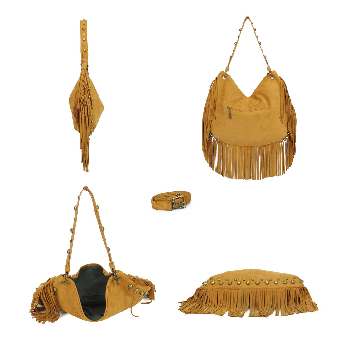 Huxley Studded Fringe Boho Slouchy Hobo Crossbody Shoulder Bag
