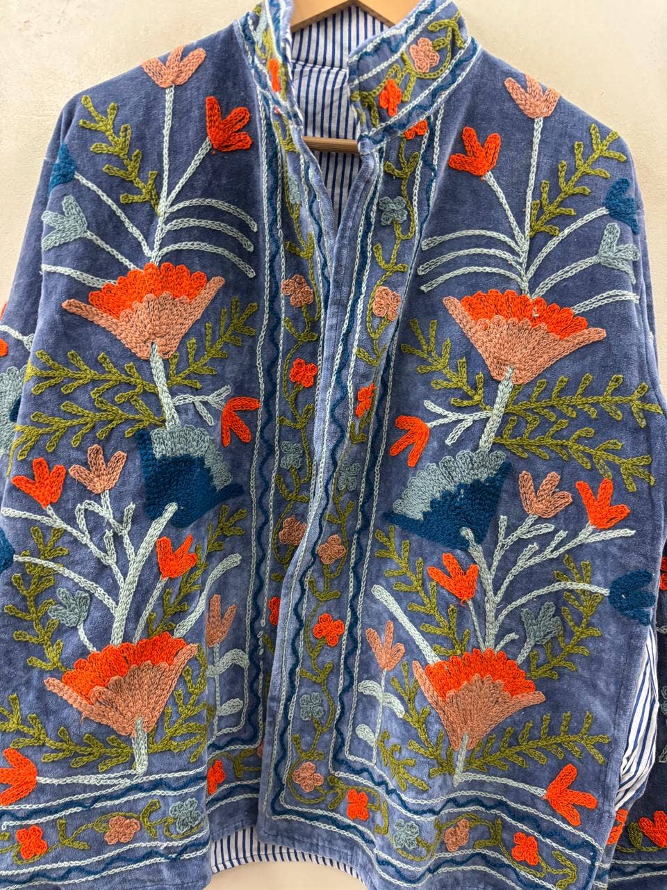 The Notts Jacket in Susani print Embroidered Velvet Jacket - Indigo Blue