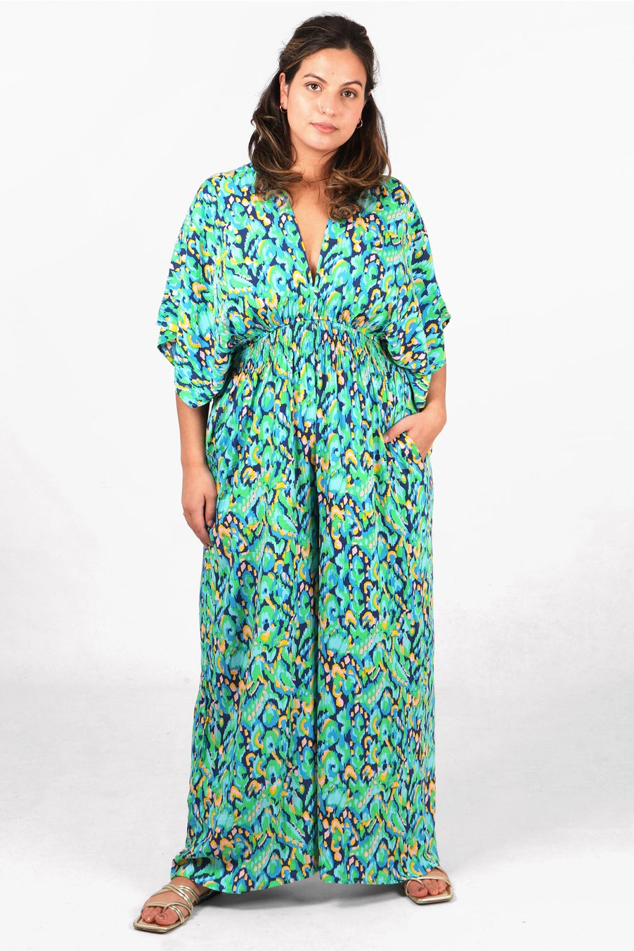 Lula Abstract Print Kimono Style Jumpsuit in Blue & Green