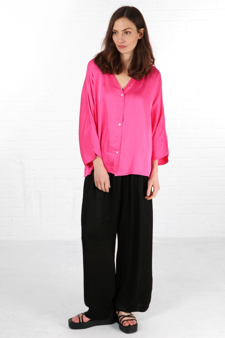 Beattie Slouch Button Down Silky Blouse in Hot Pink