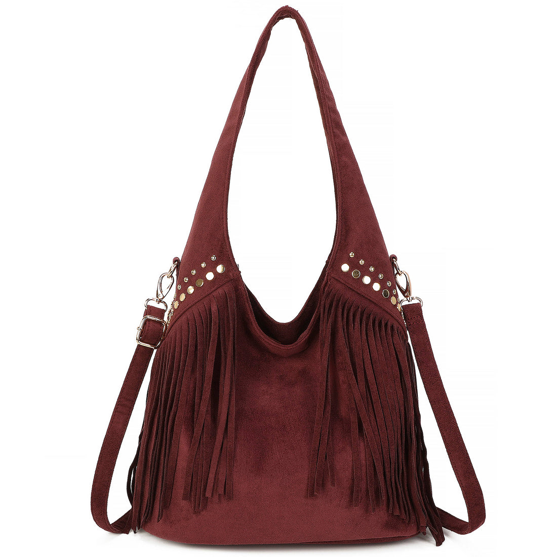LAINA Large Faux Suede Soft Fringe Studded Hobo Shoulder Bag