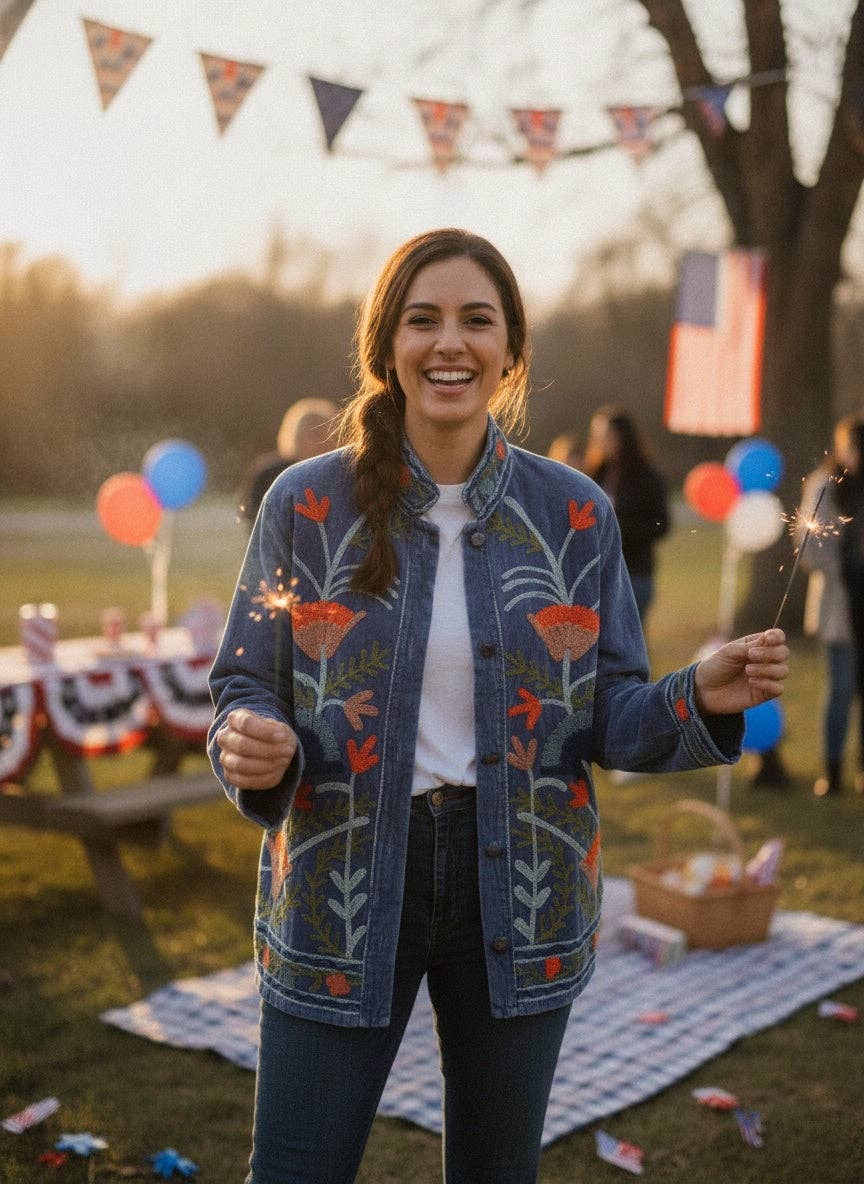 The Notts Jacket in Susani print Embroidered Velvet Jacket - Indigo Blue