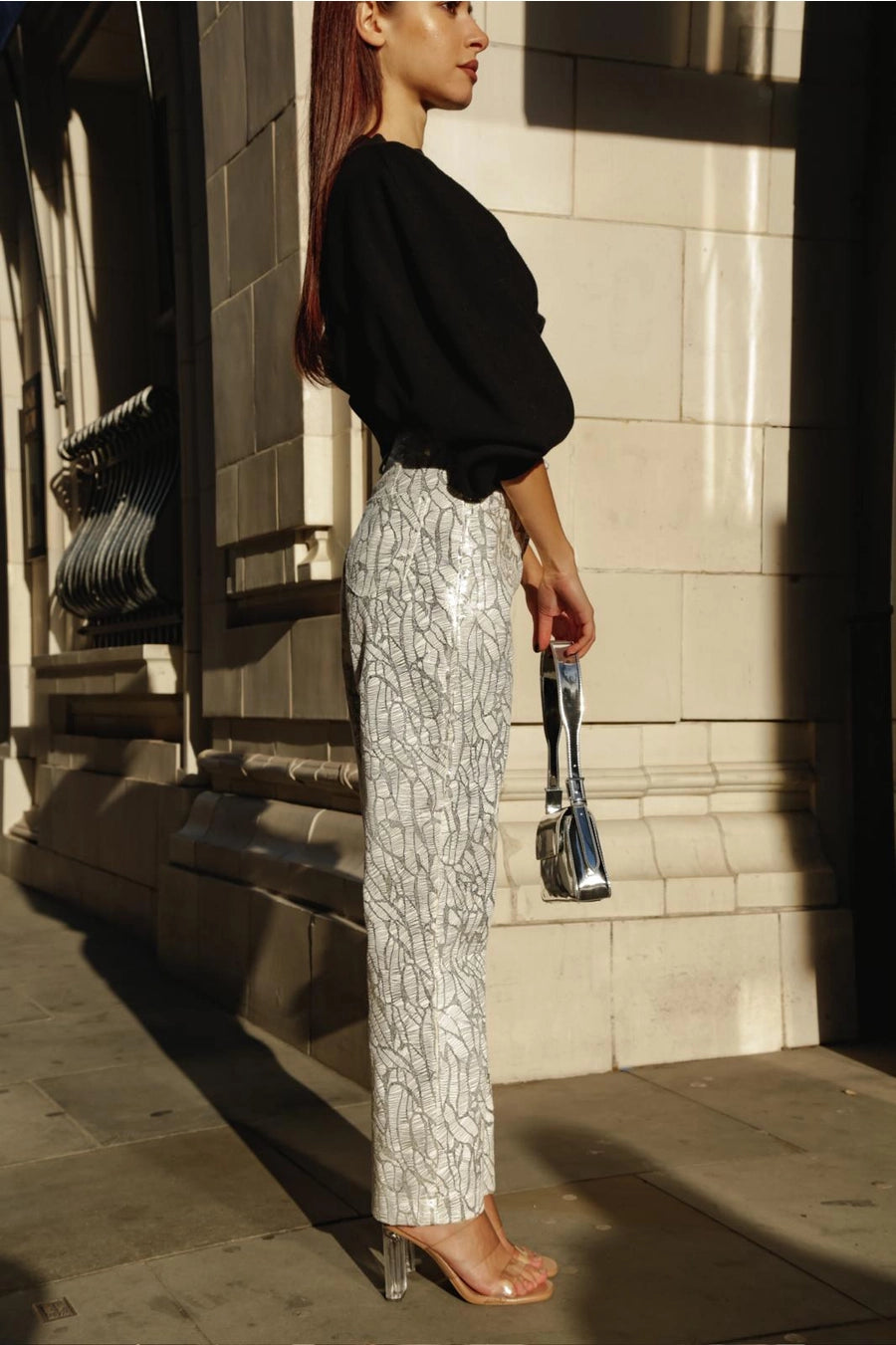 Lupe Straight Printed Metallic Trousers