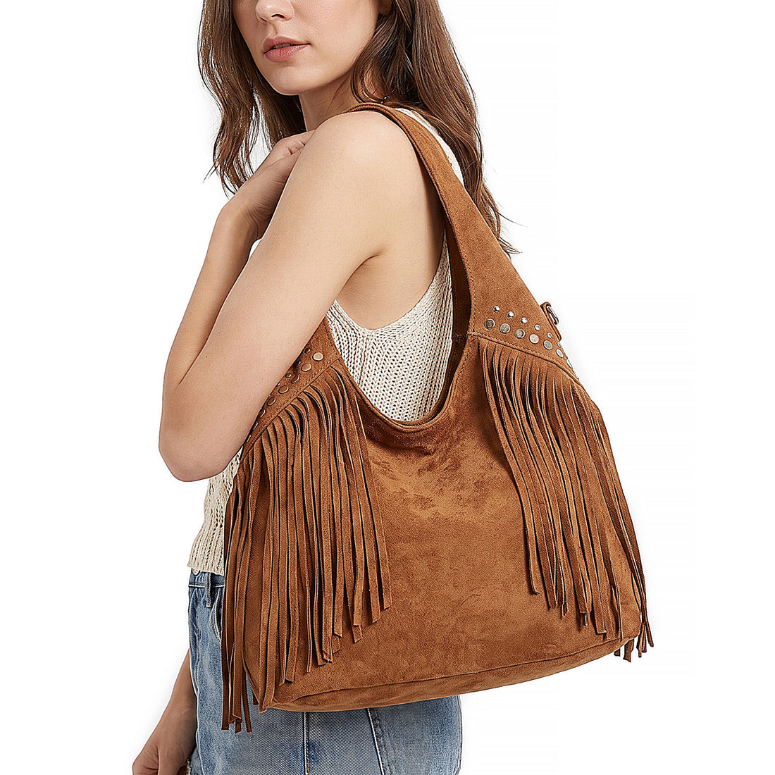 LAINA Large Faux Suede Soft Fringe Studded Hobo Shoulder Bag
