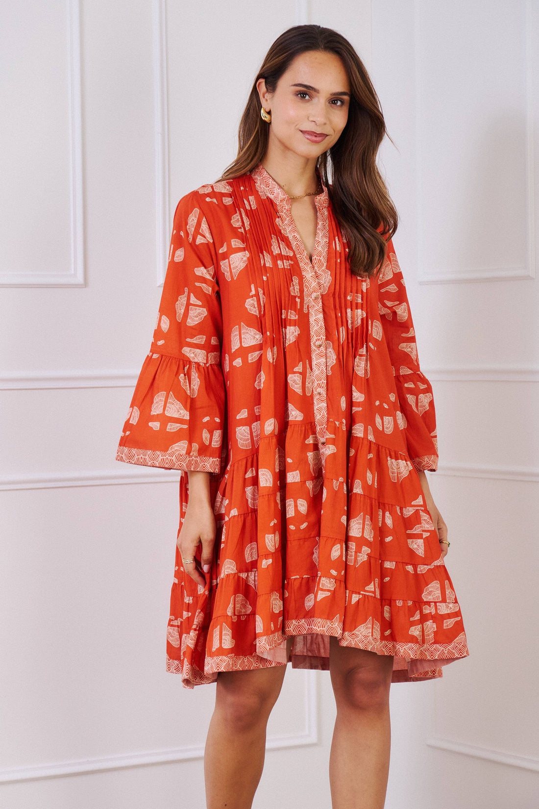 SHELLIE A-line short cotton dress in Orange Winged print
